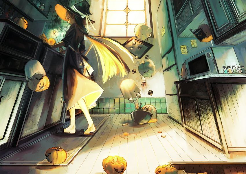 1girl book cooking egg fantasy fen_fen_fen_fen floating floating_object ghost halloween hat highres holding holding_book kitchen long_hair open_book original pumpkin reading wand window witch witch_hat
