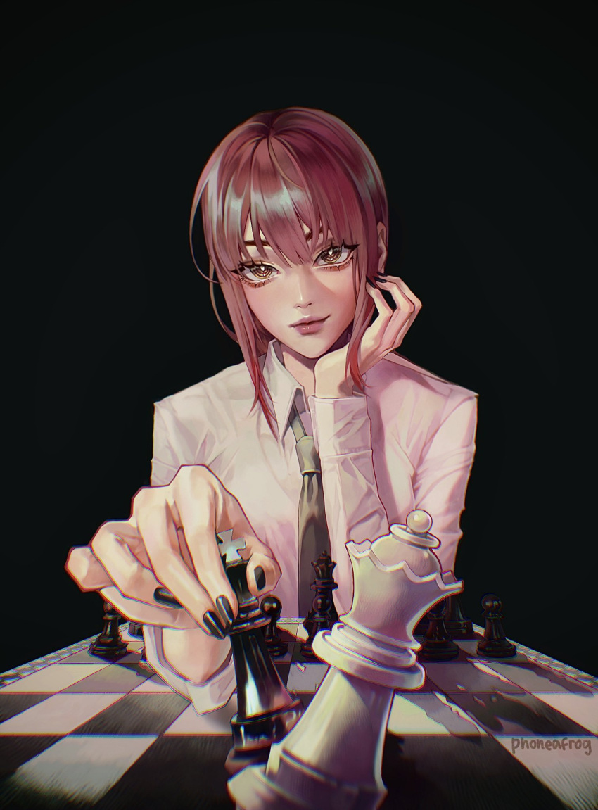 1girl artist_name bangs black_background black_nails black_necktie board_game chainsaw_man chess chess_piece chessboard collared_shirt dark_background head_on_hand highres king_(chess) looking_at_viewer makima_(chainsaw_man) medium_hair nail_polish necktie phoneafrog playing pov queen_(chess) redhead ringed_eyes rook_(chess) shirt simple_background solo white_shirt yellow_eyes