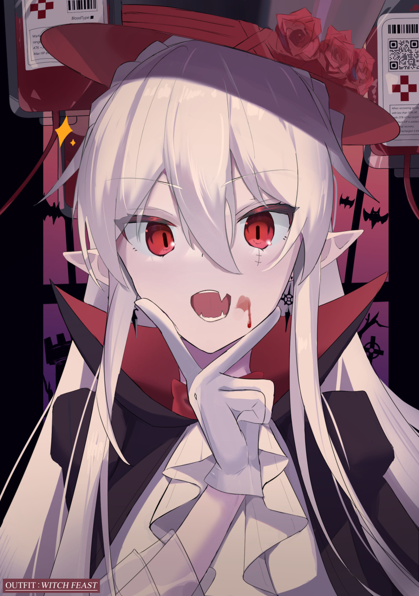 1girl absurdres arknights ascot black_cape black_headwear cape earrings fang fangs flower gloves hair_between_eyes hand_up hat hat_flower hereokita highres jewelry long_hair long_sleeves looking_at_viewer official_alternate_costume pale_skin pointy_ears red_eyes red_flower scar scar_across_eye skin_fang solo straight-on top_hat v_over_mouth warfarin_(arknights) warfarin_(the_feast)_(arknights) white_ascot white_gloves white_hair