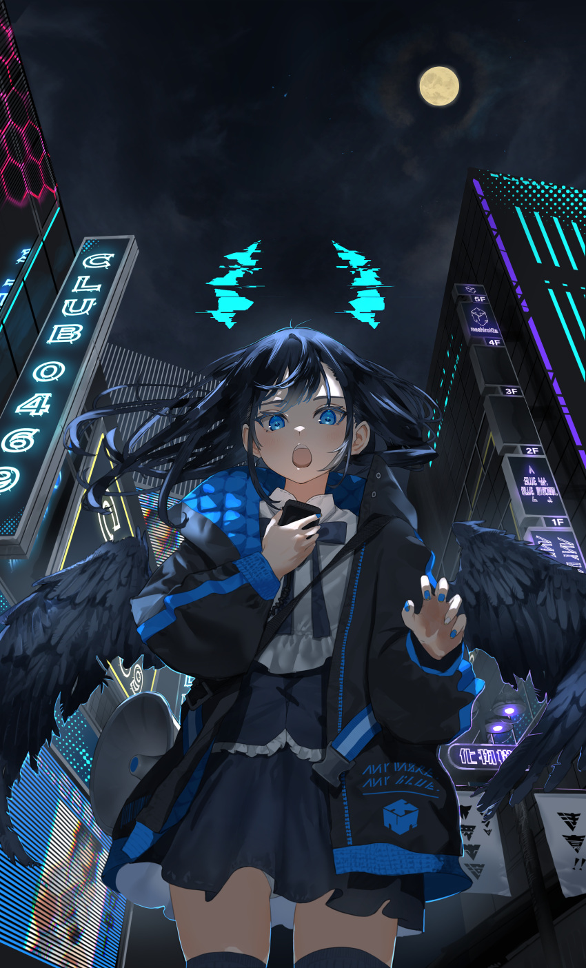 1girl absurdres bangs black_hair black_jacket black_skirt black_wings blue_eyes blue_jacket blue_nails building city collared_shirt facing_viewer fake_horns feathered_wings full_moon hands_up highres holding holographic_horns horns jacket long_hair looking_at_viewer mashiro_kta megaphone moon multicolored_clothes multicolored_jacket nail_polish neon_lights night open_mouth original outdoors padded_jacket shirt skirt solo thigh-highs two-tone_jacket wings yellow_moon