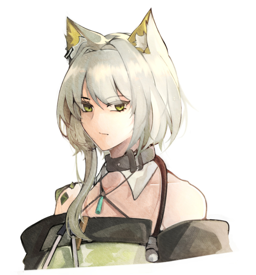 1girl animal_ear_fluff animal_ears arknights bare_shoulders cat_ears cat_girl cheschorv collarbone criss-cross_halter doctor_(arknights) dress green_dress green_eyes green_hair hair_intakes halterneck highres looking_at_viewer off-shoulder_dress off_shoulder oripathy_lesion_(arknights) portrait short_hair simple_background solo stethoscope white_background