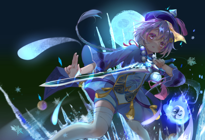 1girl absurdres bangs chinese_clothes coat eyebrows_hidden_by_hair genshin_impact hair_between_eyes highres holding holding_sword holding_weapon long_hair looking_at_viewer ponytail purple_hair qiqi_(genshin_impact) skirt solo souluu1019 sword violet_eyes weapon