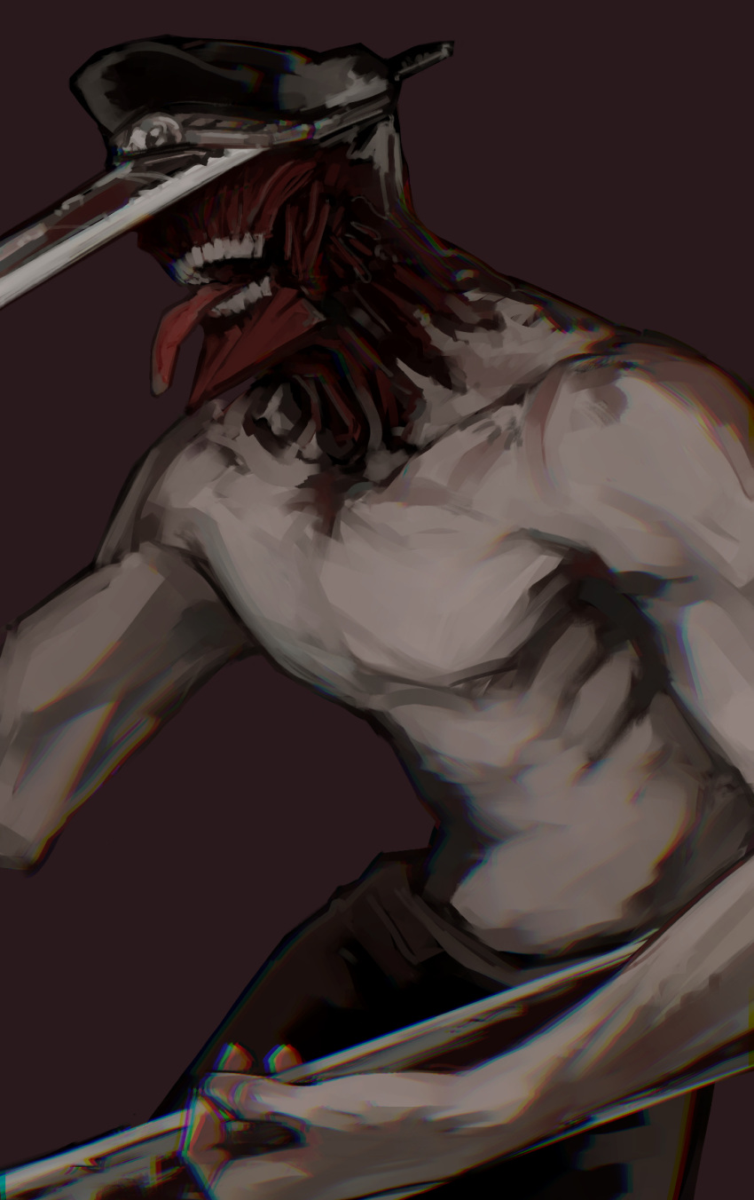1boy black_pants brown_background chainsaw_man facing_to_the_side hat highres hybrid katana_man_(chainsaw_man) military_hat nakano_(2_mannaka) no_eyes pants simple_background solo tongue tongue_out topless_male weapon