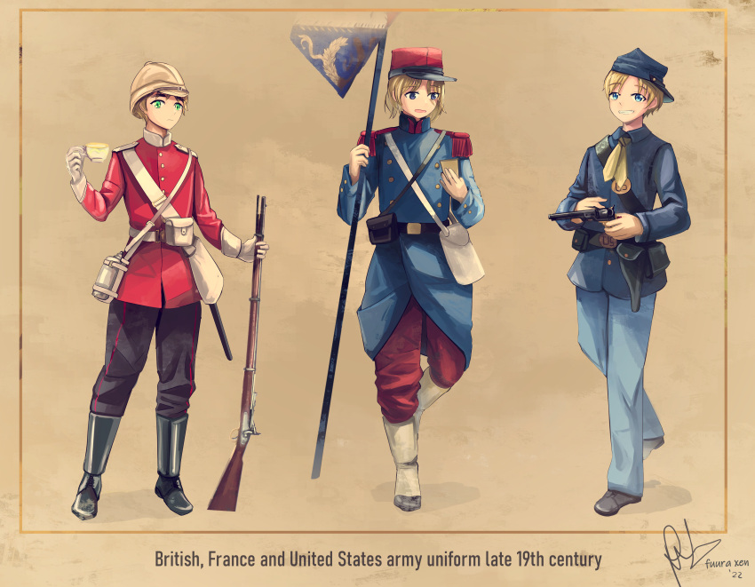 1853_enfield 3boys absurdres america_(hetalia) american_civil_war ammunition_pouch axis_powers_hetalia backwards_hat belt blonde_hair boots canteen colt_1860_army cup english_text epaulettes france_(hetalia) fuura gaiters green_eyes grin gun hat helmet highres holding holding_cup holster kepi light_brown_hair looking_to_the_side male_focus medium_hair military military_hat military_uniform multiple_boys musket open_mouth pouch revolver short_hair signature smile soldier teacup uniform united_kingdom_(hetalia) violet_eyes weapon