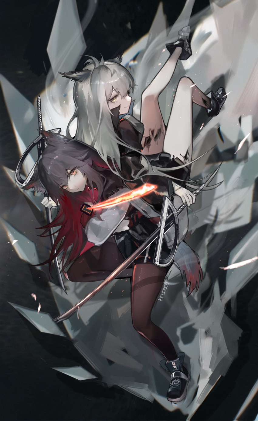 2girls absurdres animal_ears antenna_hair arknights back-to-back black_footwear black_gloves black_hair black_pantyhose black_shorts boots colored_inner_hair fingerless_gloves gloves grey_hair highres holding holding_sword holding_weapon kiruroco lappland_(arknights) looking_at_viewer multicolored_hair multiple_girls oripathy_lesion_(arknights) pantyhose pantyhose_under_shorts redhead shorts smile sword tail texas_(arknights) two-tone_hair weapon wolf_ears wolf_girl wolf_tail yellow_eyes
