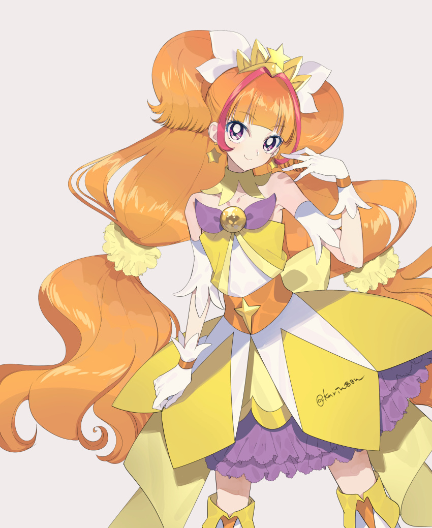 1girl amanogawa_kirara arm_garter bare_shoulders boots bow choker collarbone cure_twinkle dress earrings frilled_dress frills gloves go!_princess_precure grey_background highres jewelry long_hair looking_at_viewer magical_girl precure quad_tails scrunchie simple_background smile sohu solo star_(symbol) star_earrings strapless thigh_boots tiara twintails twitter_username waist_bow white_gloves yellow_choker yellow_dress