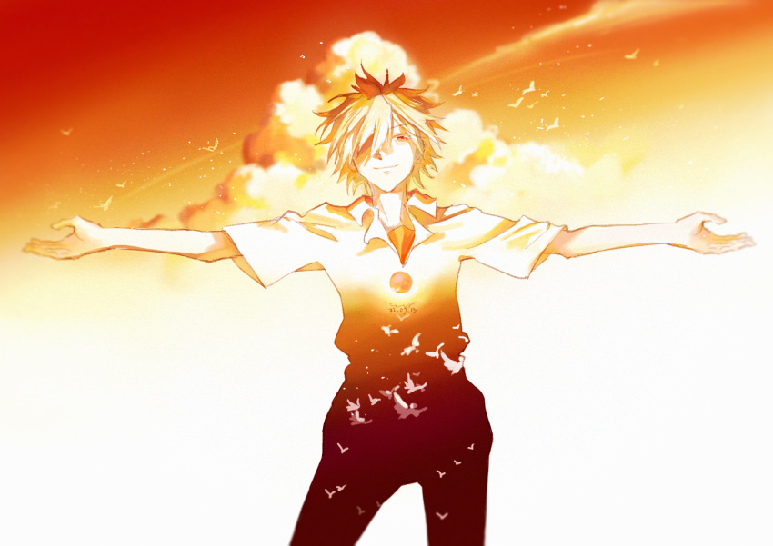 1boy bangs bare_arms beckoning bird cemony closed_mouth clouds contrail double_exposure gradient gradient_sky hair_over_one_eye highres light_particles looking_at_viewer male_focus monochrome nagisa_kaworu neon_genesis_evangelion one_eye_covered orange_sky orange_theme outstretched_arms pants polo_shirt school_uniform short_hair short_sleeves sky smile solo spread_arms standing twilight undershirt upper_body