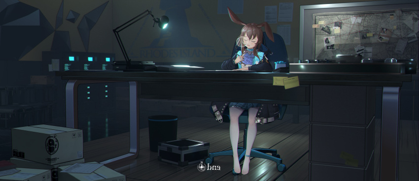 1girl absurdres alternate_color amiya_(arknights) animal_ears anklet arknights artist_logo ascot black_jacket blue_ascot blue_collar blue_skirt box brown_hair cardboard_box chair closed_eyes collar dark desk desk_lamp full_body highres indoors jacket jewelry lamp map nend_beiwei no_shoes nose_bubble office office_chair open_clothes open_jacket open_mouth pantyhose penguin_logistics_logo plaid plaid_skirt rabbit_ears rabbit_girl rhodes_island_logo shirt sitting skirt sleeping sleeping_upright solo trash_can u_u white_pantyhose white_shirt
