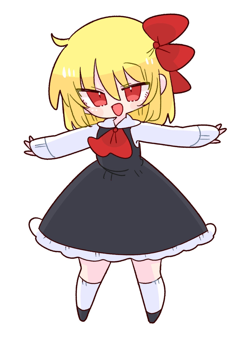 1girl ascot black_dress blonde_hair collared_shirt dress hair_ribbon highres op_na_yarou open_mouth outstretched_arms red_ascot red_eyes red_footwear red_ribbon ribbon rumia shirt short_hair simple_background smile solo spread_arms touhou white_background white_shirt