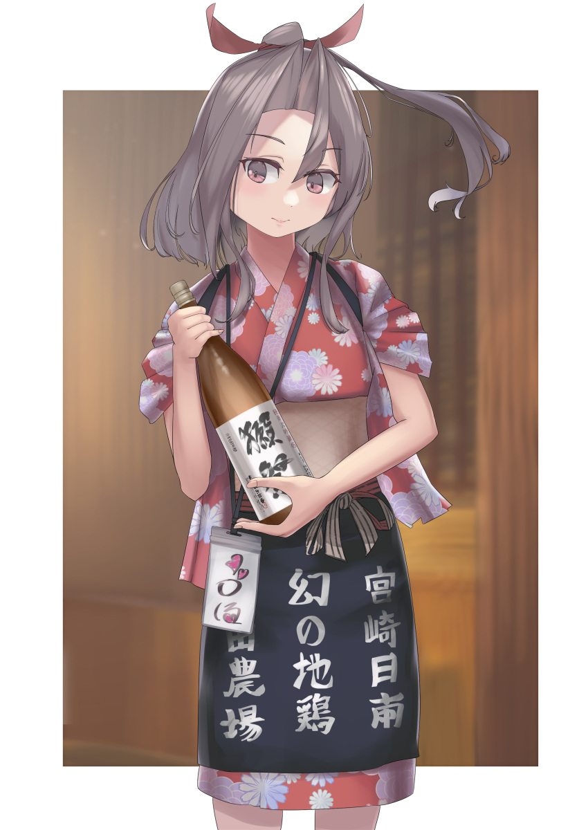 1girl absurdres alternate_costume apron bottle brown_eyes clothes_writing feet_out_of_frame fei_(feikotake) floral_print grey_hair high_ponytail highres holding holding_bottle japanese_clothes kantai_collection kimono long_hair red_kimono sake_bottle solo tasuki translation_request waitress zuihou_(kancolle)