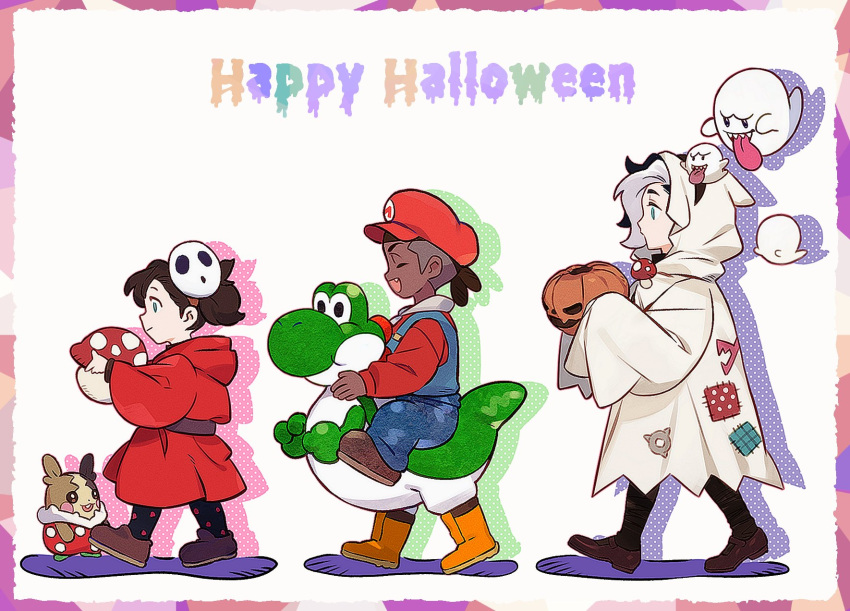 1girl 2boys :d aged_down black_hair boo_(mario) boots brown_footwear closed_eyes closed_mouth commentary cosplay crossover dark-skinned_male dark_skin fang from_side happy_halloween hat highres holding jack-o'-lantern long_sleeves marnie_(pokemon) mask mask_on_head morpeko morpeko_(full) multiple_boys mushroom open_mouth piers_(pokemon) pokemon pokemon_(game) pokemon_swsh raihan_(pokemon) red_headwear shoes short_hair shy_guy shy_guy_(cosplay) smile standing super_mario_bros. yoshi zigzagdb