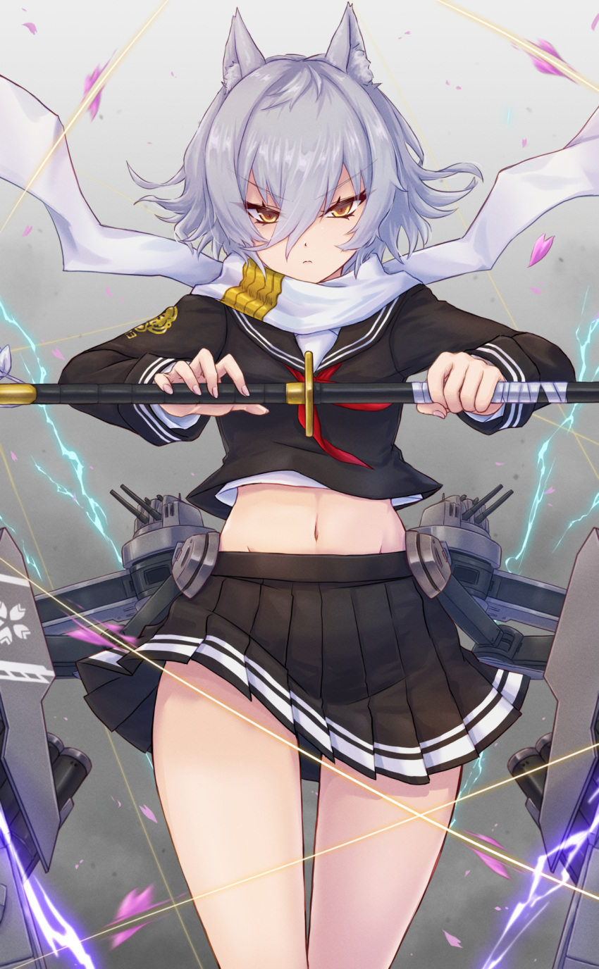 1girl animal_ears artillery azur_lane black_serafuku black_shirt black_skirt cowboy_shot dog_ears hair_between_eyes highres holding holding_sword holding_weapon lightning long_sleeves looking_at_viewer maya_(azur_lane) midriff miniskirt navel pleated_skirt rigging sakura_empire_(emblem) scarf school_uniform serafuku sheath sheathed shirt short_hair skirt solo sword turret waa!_okami weapon white_hair white_scarf yellow_eyes