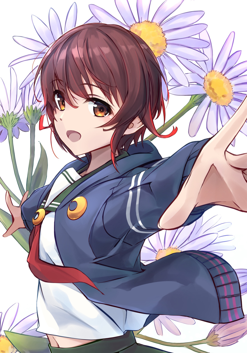 1girl black_cardigan blush brown_eyes brown_hair cardigan crescent crescent_pin flower green_skirt hair_between_eyes highres kantai_collection minosu mutsuki_(kancolle) mutsuki_kai_ni_(kancolle) neckerchief open_cardigan open_clothes open_mouth outstretched_arms red_neckerchief school_uniform serafuku short_hair simple_background skirt smile solo spread_arms upper_body white_background white_flower