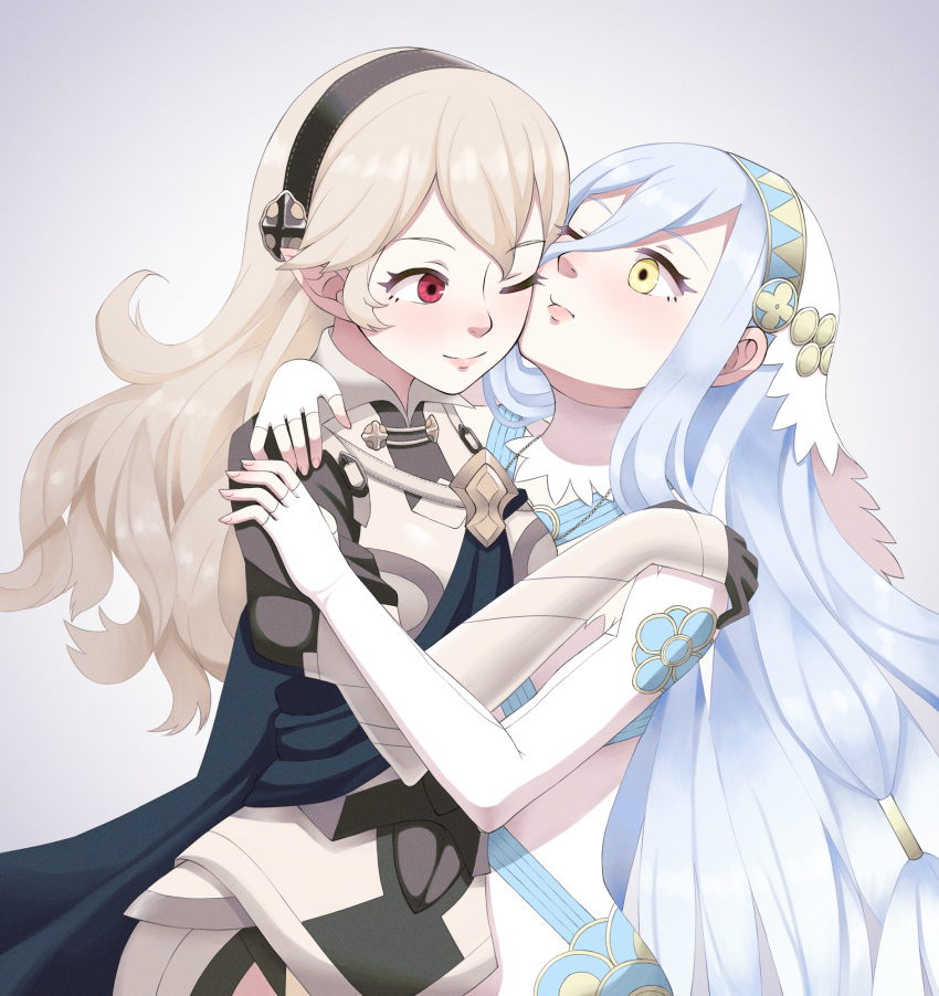 2girls armor azura_(fire_emblem) bangs black_gloves black_hairband blue_cape blue_hair blush cape closed_mouth commentary_request corrin_(fire_emblem) corrin_(fire_emblem)_(female) cousins dress elbow_gloves fingerless_gloves fingernails fire_emblem fire_emblem_fates gloves grey_background grey_hair hair_between_eyes hairband highres hug lips long_hair multiple_girls one_eye_closed pink_lips red_eyes short_hair simple_background smile tbjj1208 veil very_short_hair white_dress yellow_eyes