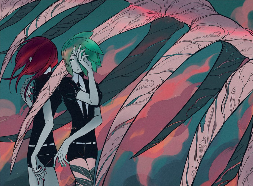 2others androgynous back-to-back bone cinnabar_(houseki_no_kuni) commentary cowboy_shot english_commentary facing_away floating_hair gem_uniform_(houseki_no_kuni) giant_skeleton green_hair green_nails hair_over_one_eye hand_over_eye hand_up houseki_no_kuni long_hair looking_at_another looking_away multiple_others one_eye_covered other_focus pemprika phosphophyllite puffy_short_sleeves puffy_sleeves red_nails redhead short_hair short_sleeves sideways_glance smile smoke striped twitter_username