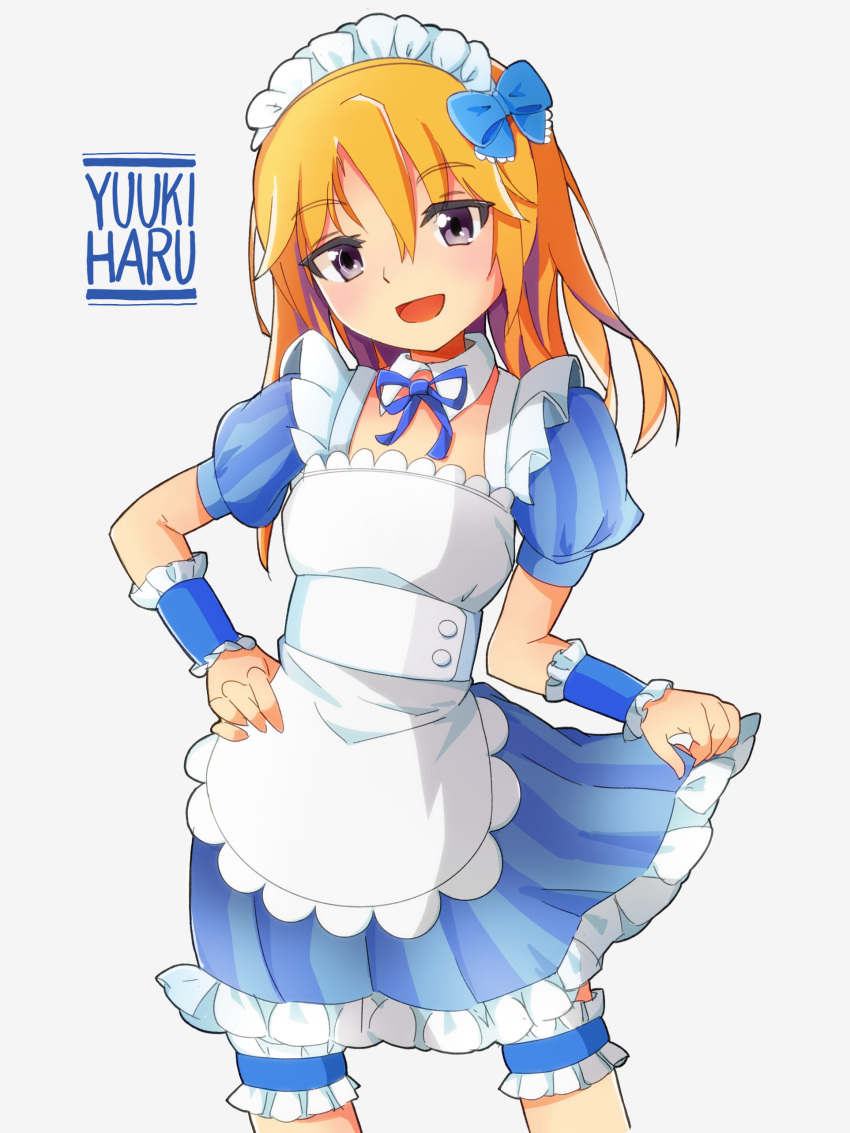 1girl :d absurdres alternate_costume apron bangs blue_bow blue_dress blue_ribbon bow character_name collar commentary_request detached_collar dress enmaided frilled_dress frills grey_background grey_eyes hair_between_eyes hand_on_hip highres idolmaster idolmaster_cinderella_girls long_hair looking_at_viewer maid maid_apron maid_headdress mamagogo_(gomaep) neck_ribbon orange_hair puffy_short_sleeves puffy_sleeves ribbon short_sleeves simple_background skirt_hold smile solo standing striped striped_dress vertical-striped_dress vertical_stripes white_apron white_collar wing_collar wrist_cuffs yuuki_haru