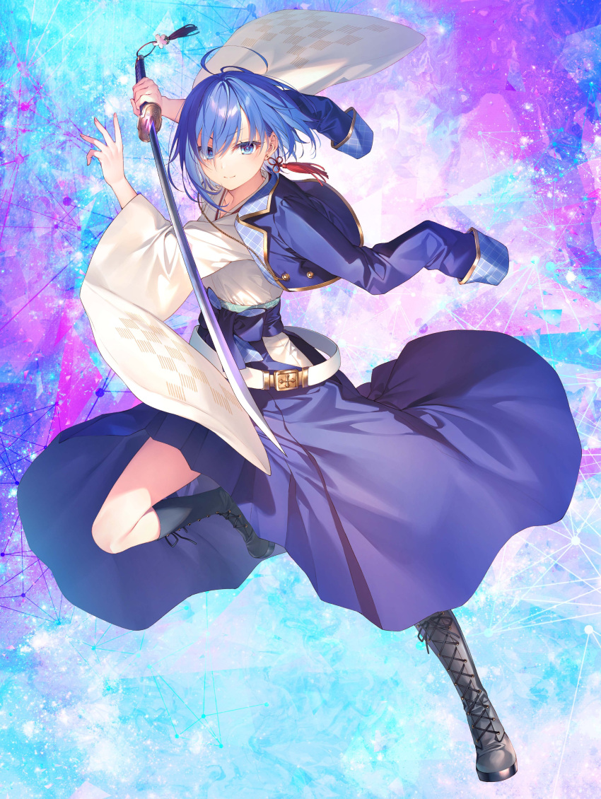 1girl absurdres ahoge bangs belt blue_eyes blue_hair blue_skirt boots brown_footwear coach cover cover_page full_body hair_between_eyes highres holding holding_sword holding_weapon japanese_clothes katana leg_up light_smile long_skirt long_sleeves looking_at_viewer official_art sakuya_sieglinde seiken_gakuin_no_maken_tsukai short_hair skirt solo standing sword thighs toosaka_asagi weapon white_belt