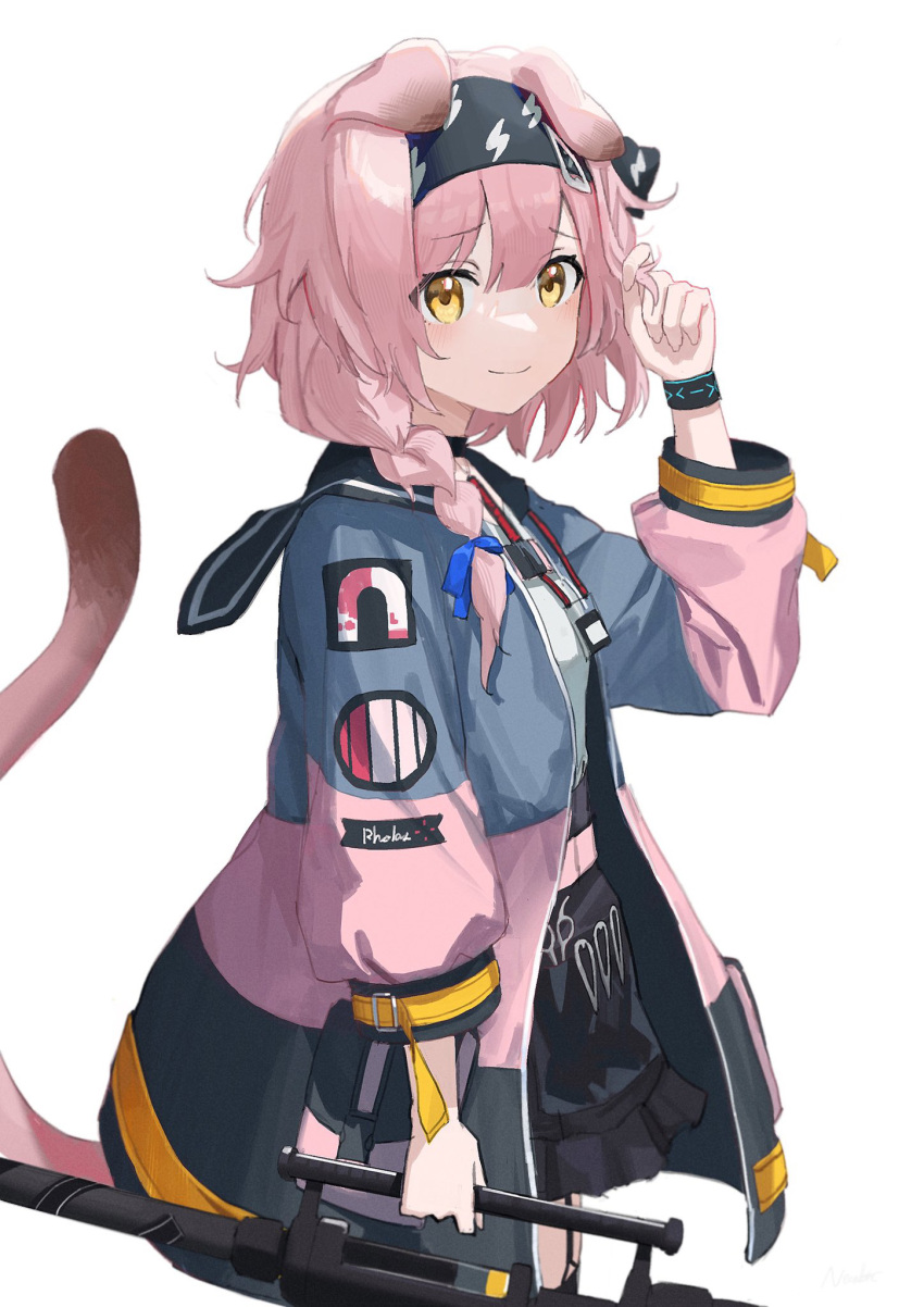 1girl animal_ears arknights black_bow black_bracelet black_hairband black_skirt black_thighhighs blue_bow blue_jacket blush bow braid cat_ears cat_girl cat_tail cowboy_shot floppy_ears from_side garter_straps goldenglow_(arknights) hair_bow hair_ornament hairband hairclip hand_up highres im_catfood infection_monitor_(arknights) jacket lightning_bolt_print long_hair long_sleeves looking_at_viewer multicolored_clothes multicolored_jacket pink_jacket print_bow print_hairband simple_background skirt smile solo tail tail_raised thigh-highs two-tone_jacket white_background yellow_eyes