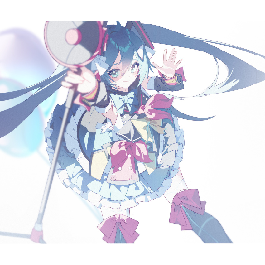 1girl absurdres aqua_bow aqua_eyes aqua_hair black_thighhighs blue_skirt blurry blurry_background bow bowtie closed_mouth detached_sleeves frilled_skirt frills hatsune_miku highres holding holding_megaphone long_sleeves looking_at_viewer megaphone pink_bow qtian shirt simple_background sitting skirt sleeveless sleeveless_shirt smile solo thigh-highs twintails vocaloid white_background white_shirt
