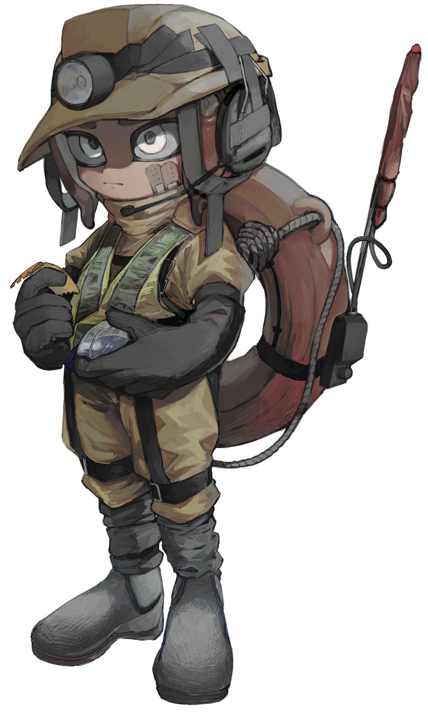 1girl arigaya_yu bandaid bandaid_on_face boots breasts capsule closed_mouth duct_tape elbow_gloves flag frown full_body gloves grey_footwear grey_gloves hardhat headphones helmet high-visibility_vest highres holding holding_ticket jumpsuit legs_apart lifebuoy medium_breasts microphone octarian octoling octoling_girl orange_hair rope rubber_boots rubber_gloves salmon_run_(splatoon) searchlight simple_background solo splatoon_(series) splatoon_3 standing suction_cups tape tentacle_hair ticket vest white_background white_eyes yellow_headwear yellow_jumpsuit