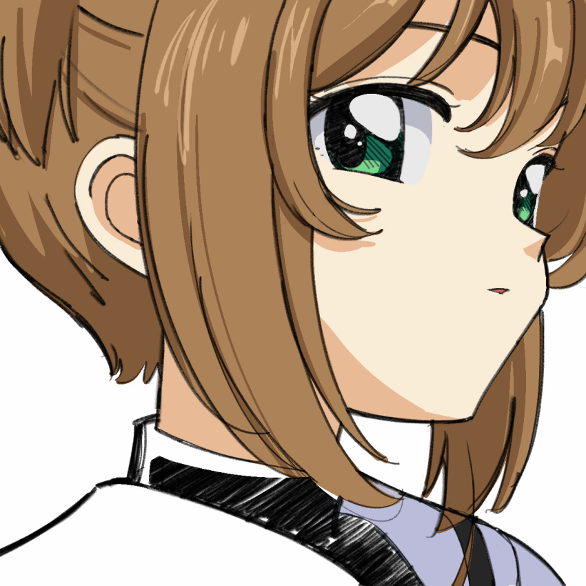 1girl bangs brown_hair cardcaptor_sakura close-up eyebrows_hidden_by_hair from_side green_eyes hair_between_eyes hatching_(texture) high_collar highres kinomoto_sakura linear_hatching looking_at_viewer looking_to_the_side narrowed_eyes nnn-ollll parted_lips portrait short_hair sidelocks simple_background solo turtleneck white_background