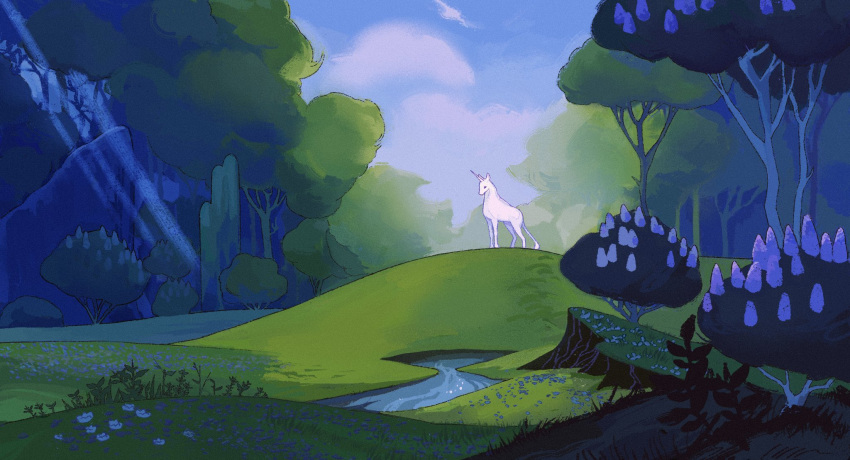 day forest grass highres liridi nature no_humans outdoors plant solo the_last_unicorn the_unicorn_(the_last_unicorn) tree unicorn water