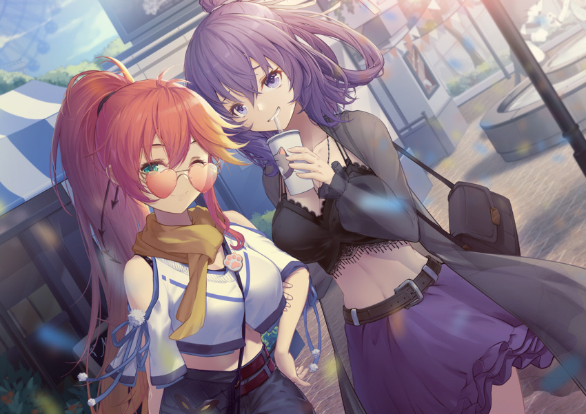 2girls bag blue_hair breasts cup denim disposable_cup drinking eiyuu_densetsu fountain green_eyes hair_bun handbag jeans judith_ranster kuro_no_kiseki lancefate large_breasts long_hair looking_at_viewer multiple_girls one_eye_closed outdoors pants ponytail redhead rixia_mao skirt smile sunglasses umbrella violet_eyes