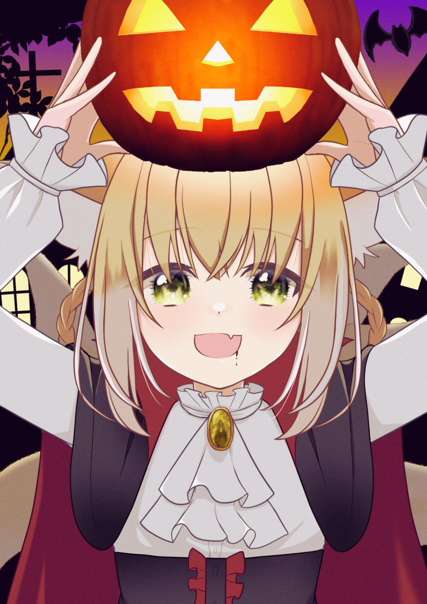 1girl :d absurdres animal_ear_fluff animal_ears arknights arms_up ascot bangs black_cape blonde_hair blood blood_from_mouth braid cape center_frills commentary_request fang fox_ears fox_girl fox_tail frills green_eyes hair_between_eyes hair_rings halloween highres jack-o'-lantern kitsune long_sleeves looking_at_viewer multicolored_hair puffy_long_sleeves puffy_sleeves shirt sleeves_past_wrists smile solo suzuran_(arknights) tail twin_braids two-tone_hair white_ascot white_hair white_shirt yellow_gemstone yokuto