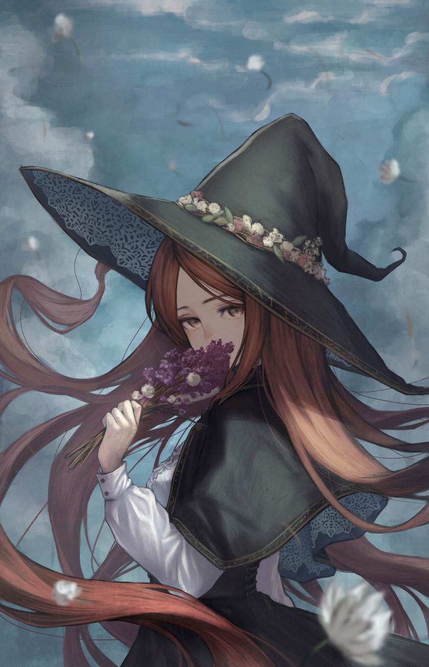 1girl absurdres buttons covered_mouth covering_mouth flower flower_ring hat highres holding holding_flower long_hair long_sleeves looking_at_viewer original pointy_hat purple_flower redhead wavy_hair white_flower witch witch_hat yasu_(segawahiroyasu)