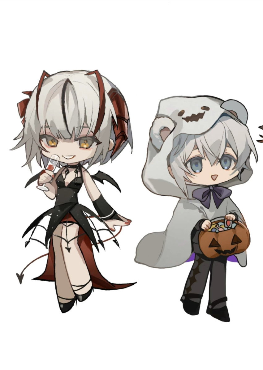 2girls ahoge alternate_costume animal_ears antennae arknights basket bear_ears bear_girl black_dress black_pants blue_bow blue_bowtie blue_eyes bow bowtie cape chibi cup demon_girl demon_horns demon_tail dress drinking_glass ears_through_headwear full_body ghost_costume grey_hair halloween_bucket highres holding holding_basket holding_cup hood hood_up hooded_cape horns misha_(arknights) multiple_girls open_mouth pants short_hair simple_background tail triangle_mouth w_(arknights) watanabe_kawa white_background white_cape wine_glass yellow_eyes