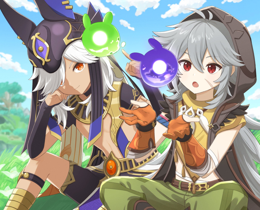 2boys animal_ears animal_hat armor bangs closed_mouth cyno_(genshin_impact) dark-skinned_male dark_skin fingerless_gloves genshin_impact gloves green_pants grey_hair hair_between_eyes hair_over_one_eye hat highres jackal_ears long_hair male_focus multiple_boys open_mouth orange_gloves panri pants razor_(genshin_impact) red_eyes scar scar_on_face seelie_(genshin_impact) smile white_hair