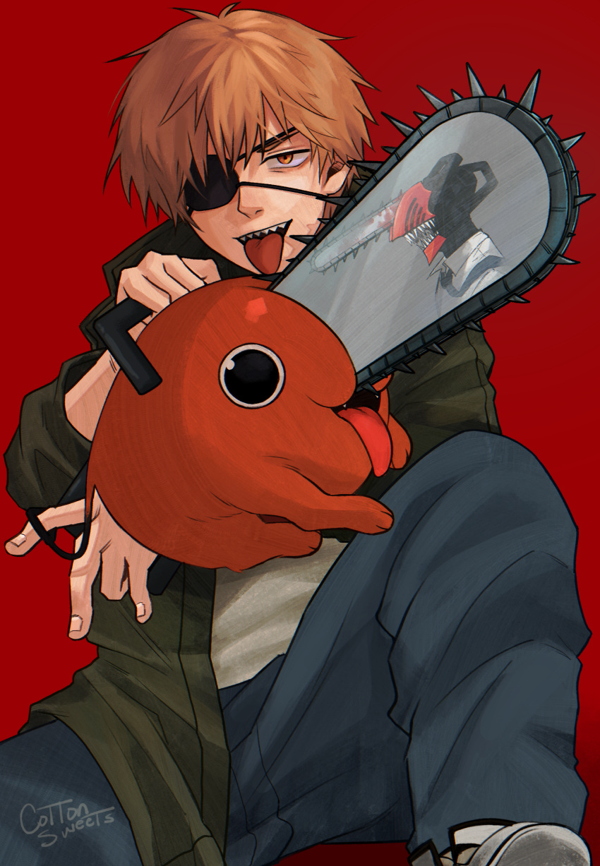 chainsaw chainsaw_devil chainsaw_man denji_(chainsaw_man) eyepatch highres holding holding_chainsaw illustrator jacket long_sleeves looking_at_viewer original pochita_(chainsaw_man) red_background reflection self_upload shirt simple_background smile smolducko tongue tongue_out white_shirt