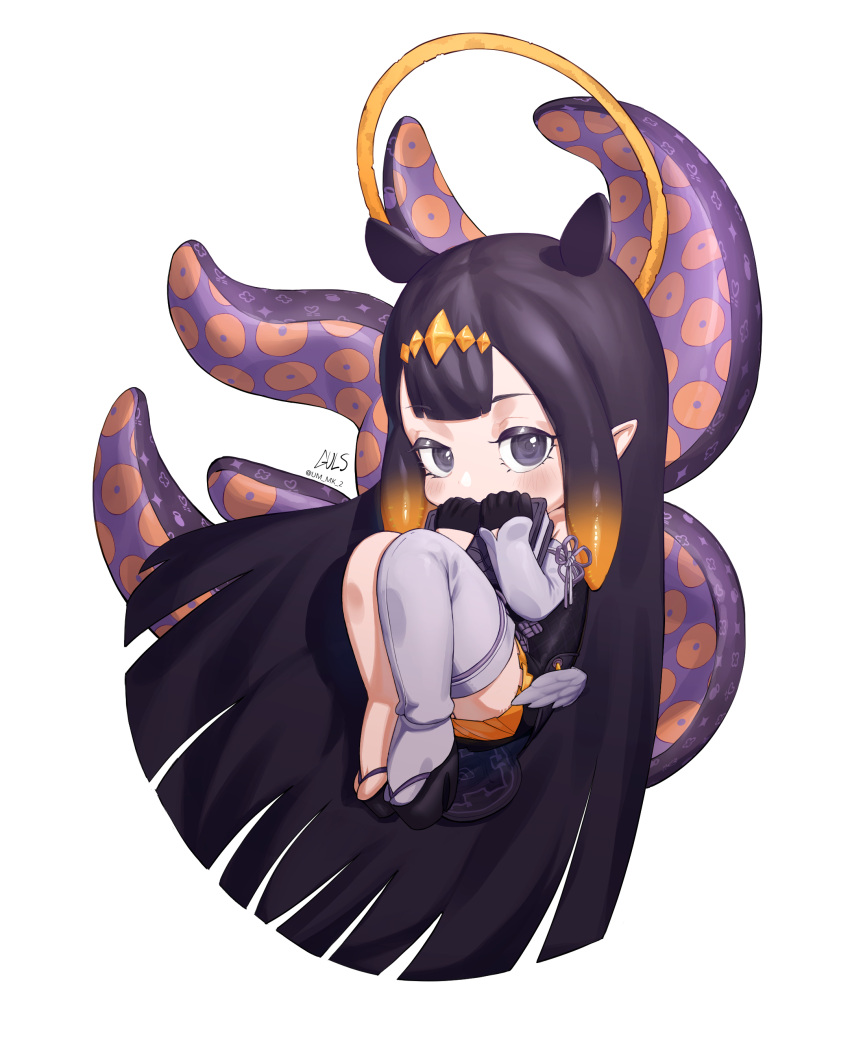 1girl absurdly_long_hair absurdres bangs black_dress black_footwear black_gloves black_hair blunt_bangs blush chibi detached_sleeves dress feathered_wings gloves gradient_hair grey_eyes guls half_gloves halo headpiece highres hololive hololive_english long_hair looking_at_viewer low_wings multicolored_hair ninomae_ina'nis okobo orange_hair pointy_ears short_dress sidelocks signature simple_background single_detached_sleeve single_thighhigh solo straight_hair strapless strapless_dress tentacle_hair tentacles thigh-highs tube_dress twitter_username very_long_hair virtual_youtuber white_background white_thighhighs white_wings wings