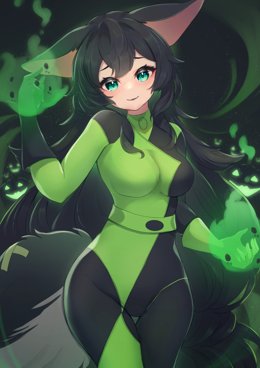 1girl absurdres animal_ears animification arm_up asymmetrical_gloves black_bodysuit black_gloves black_hair bodysuit breasts closed_mouth commission copyright_request cosplay fox_ears fox_girl fox_tail gloves glowing green_bodysuit green_eyes green_gloves groin highres hinata_(user_rjkt4745) jack-o'-lantern kim_possible long_hair looking_at_viewer medium_breasts mismatched_gloves multicolored_bodysuit multicolored_clothes pixiv_request shego shego_(cosplay) smile solo tail very_long_hair virtual_youtuber