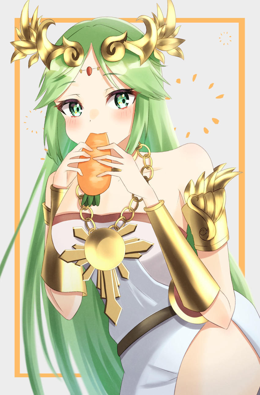 1girl bare_shoulders blush carrot commissioner_upload eating female_solo green_eyes green_hair kid_icarus_uprising long_dress looking_at_viewer matching_hair/eyes necklace palutena parted_bangs ramune_11624 side_slit skeb_commission sleeveless_dress solo solo_female strapless_dress very_long_hair white_dress