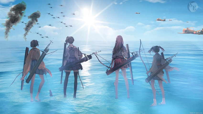 4girls abyssal_ship aircraft airplane akagi_(kancolle) arrow_(projectile) black_hair black_thighhighs blue_hair blue_skirt bow_(weapon) brown_hair clouds fairy_(kancolle) flight_deck from_behind green_skirt hair_ribbon hakama hakama_skirt hiryuu_(kancolle) horizon japanese_clothes kaga_(kancolle) kantai_collection kimono long_hair mitsubishi_a6m_zero multiple_girls non-web_source ocean outdoors ponytail quiver red_skirt ribbon sandals short_hair side_ponytail sinisterexcursion skirt sky smoke socks souryuu_(kancolle) straight_hair sun thigh-highs twintails watermark weapon white_thighhighs wide_shot wide_sleeves