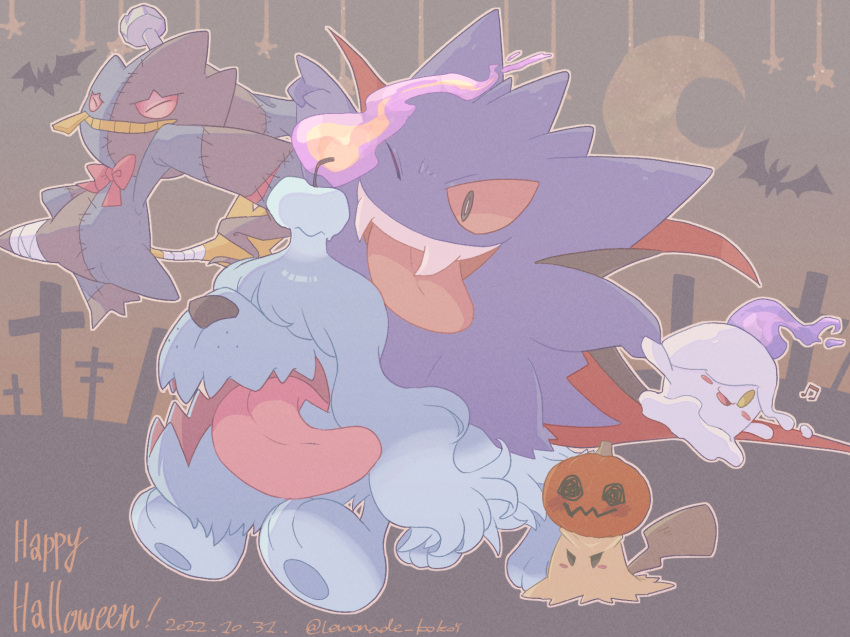 banette black_eyes blush_stickers bright_pupils colored_sclera commentary_request fire gengar greavard halloween happy_halloween highres lemonade_kokoi litwick mimikyu no_humans one_eye_closed open_mouth pokemon pokemon_(creature) pumpkin_on_head purple_fire red_sclera tongue tongue_out white_pupils yellow_eyes