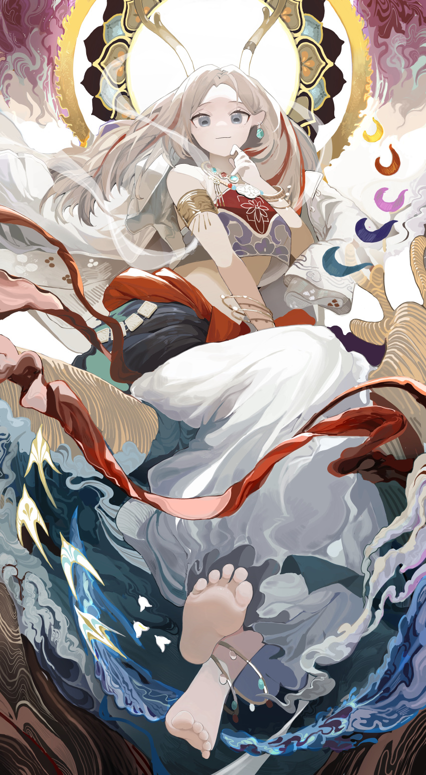 1girl a_deer_of_nine_colors absurdres anklet antlers arabian_clothes arknights armlet bangs barefoot chinese_commentary closed_mouth commentary_request crop_top eyelashes feet forehead full_body grey_eyes grey_hair halo hand_up highres jewelry legs_together long_hair long_skirt looking_at_viewer menthako multicolored_hair nine-colored_deer parted_bangs redhead sitting skirt sleeveless soles solo streaked_hair toes white_skirt