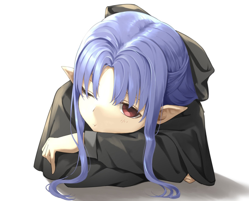 1girl bangs black_bow blue_hair bow chiizu_ore hair_bow highres len_(tsukihime) long_hair long_sleeves looking_at_viewer one_eye_closed parted_bangs pointy_ears simple_background solo tsukihime upper_body white_background
