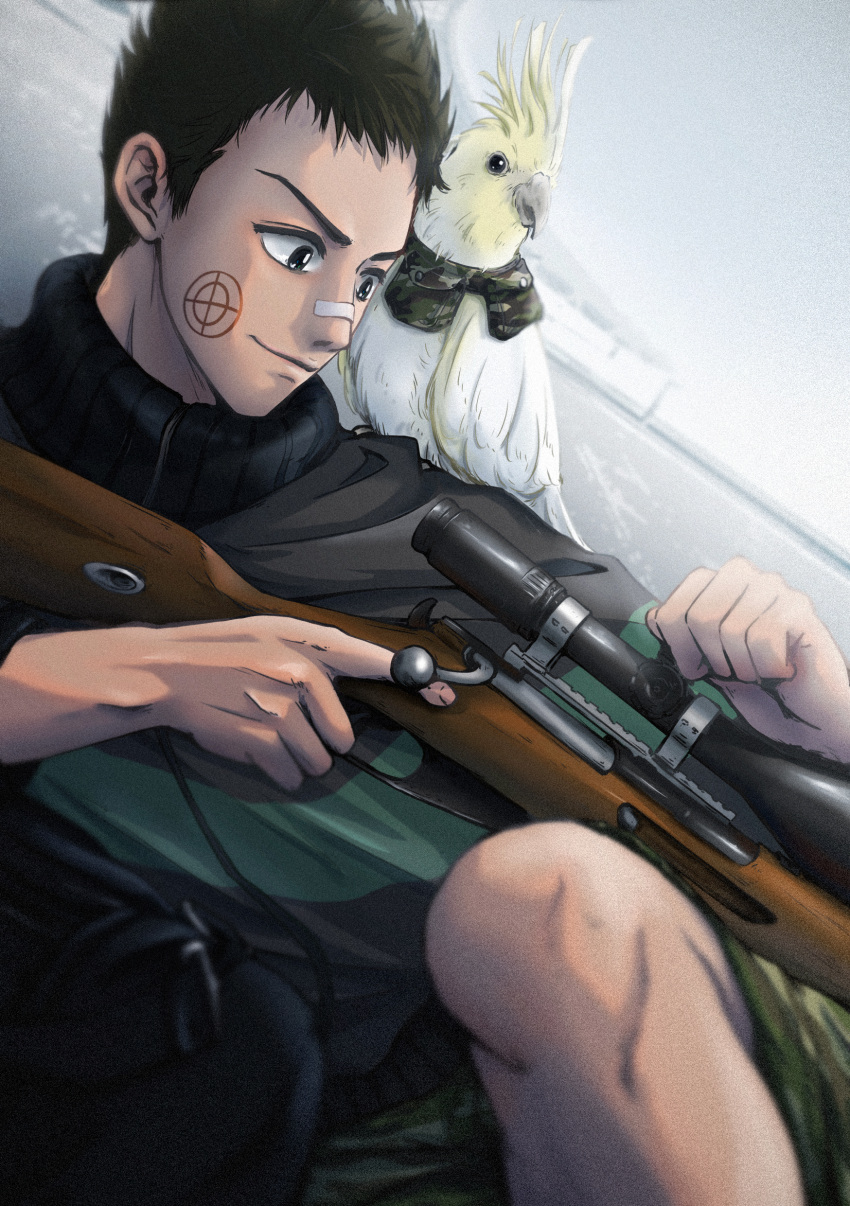 1boy absurdres amao_(catartemis) bandaid bandaid_on_face bandaid_on_nose bird black_hair camouflage camouflage_shorts cockatiel crosshair day facial_mark gun highres holding holding_gun holding_weapon jacket male_focus mashimo_heisuke outdoors pisuke_(sakamoto_days) sakamoto_days shorts sniper_scope weapon white_background