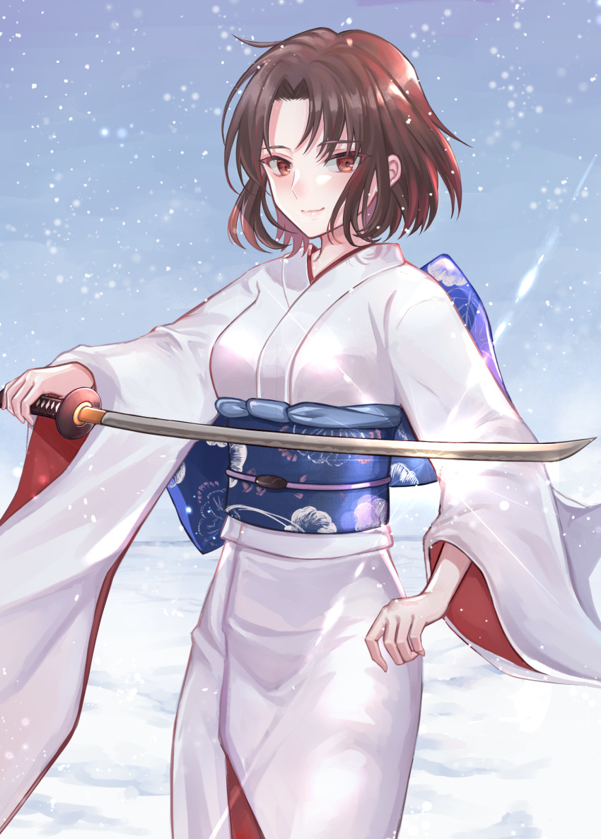 1girl 2022 blue_sash breasts brown_eyes brown_hair closed_mouth highres holding holding_sword holding_weapon japanese_clothes kara_no_kyoukai katana kimono long_sleeves looking_at_viewer medium_breasts ryougi_shiki sash smile snowing solo standing sword takanishi_takashi type-moon weapon white_kimono wide_sleeves