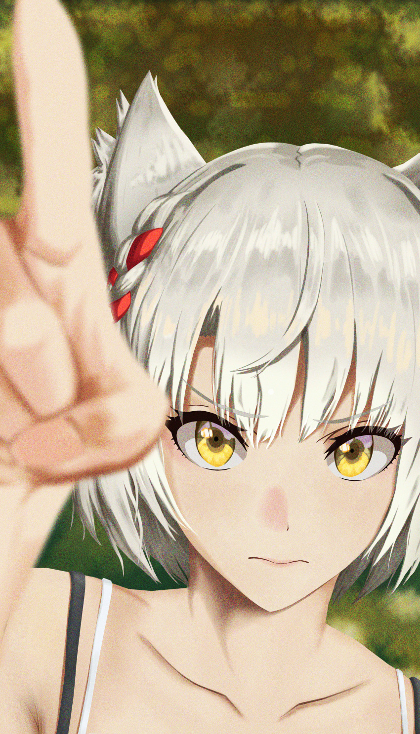 1girl absurdres animal_ear_fluff animal_ears bangs bare_shoulders cat_ears cat_girl close-up closed_mouth highres looking_at_viewer mahyohan_(johnmah) mio_(xenoblade) outdoors shirt short_hair sleeveless sleeveless_shirt solo white_hair xenoblade_chronicles_(series) xenoblade_chronicles_3 yellow_eyes