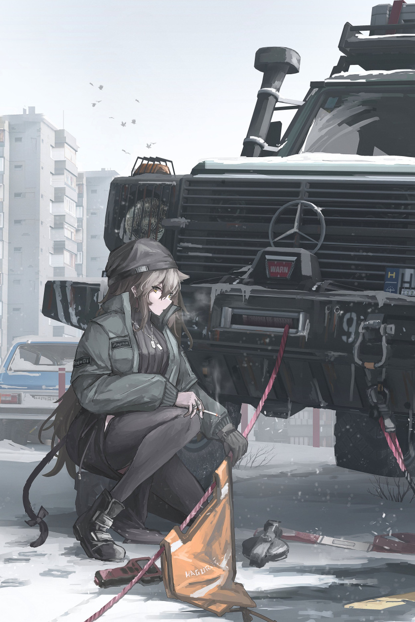1girl absurdres black_footwear black_gloves black_headwear black_thighhighs brown_eyes brown_hair building car cigarette dog_tags gloves green_jacket ground_vehicle haguruma_c hat highres holding holding_cigarette jacket long_sleeves mercedes-benz motor_vehicle open_clothes open_jacket original shoes single_glove smoking solo sports_utility_vehicle squatting thigh-highs turtleneck vehicle_request