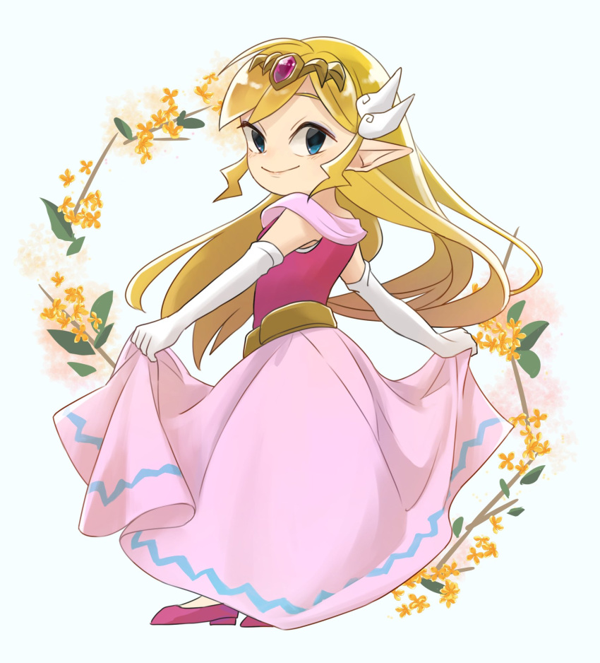 1girl bangs bare_shoulders belt blonde_hair blue_eyes blush commentary_request elbow_gloves from_behind full_body gloves highres jewelry long_hair looking_at_viewer looking_back maya_(mayamayammy) pink_footwear pointy_ears princess_zelda shiny shiny_hair shoes smile the_legend_of_zelda the_legend_of_zelda:_the_wind_waker white_gloves