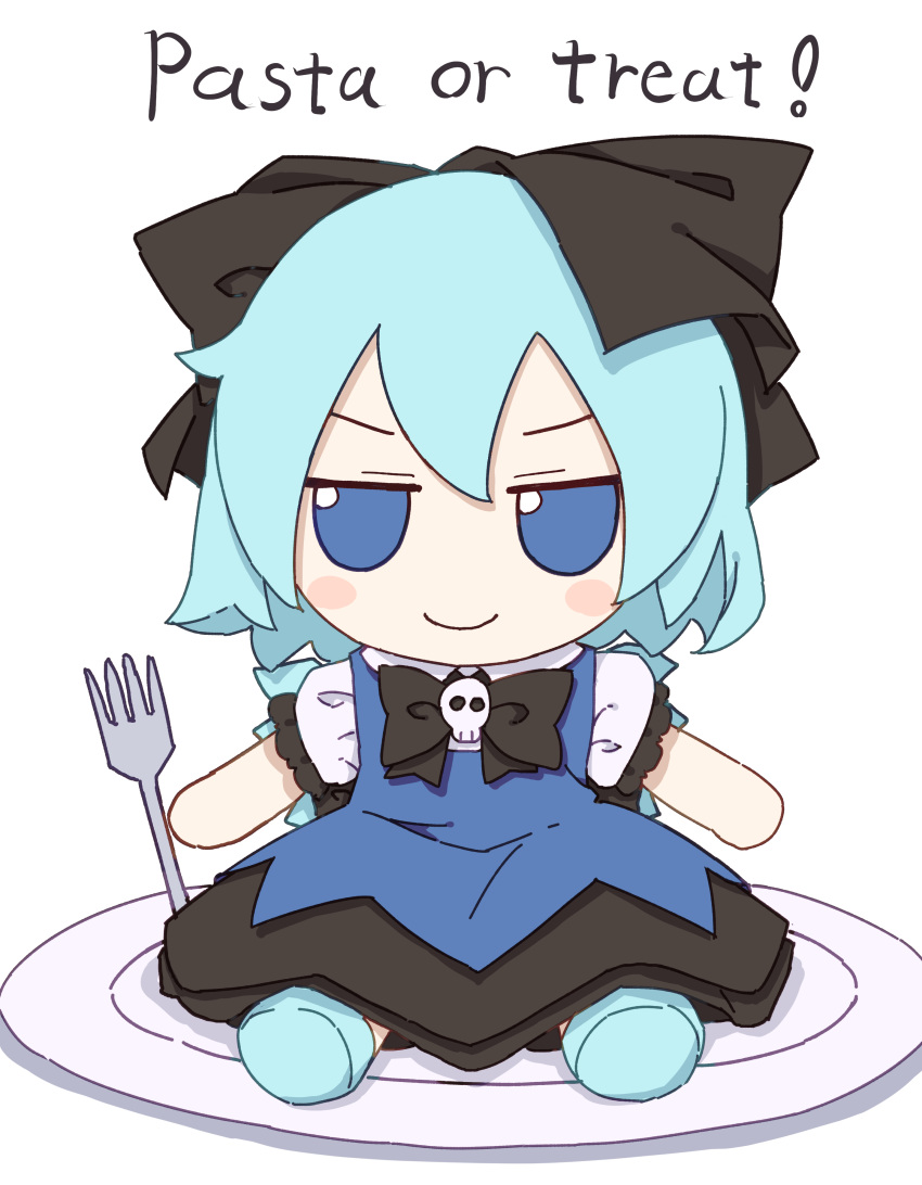 1girl absurdres black_bow black_footwear blue_dress blue_eyes blue_hair bow cirno collared_shirt dress english_text fairy_wings fork fumo_(doll) hair_bow highres ice ice_wings kame_(kamepan44231) long_dress pinafore_dress plate shirt short_hair simple_background skull_ornament smile solo touhou white_background white_shirt wings