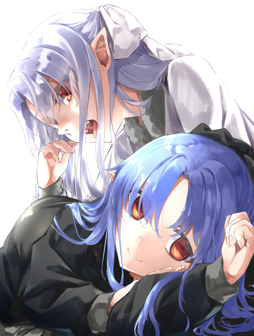 2girls absurdres black_bow blue_hair bow chiizu_ore closed_mouth hair_bow highres len_(tsukihime) long_hair long_sleeves looking_at_viewer multiple_girls open_mouth pointy_ears red_eyes simple_background smile tongue tsukihime white_background white_bow white_hair white_len_(tsukihime)