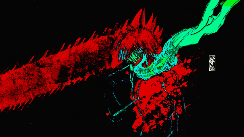 black_background chainsaw chainsaw_devil chainsaw_man dark_background denji_(chainsaw_man) facing_to_the_side horns limited_palette no_eyes saarikakiraas0905 scarf sharp_teeth short_hair simple_background spikes string_pull teeth upper_body