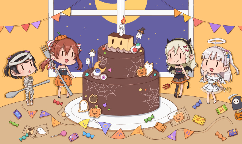 4girls bandages black_dress black_hair black_horns black_wings blonde_hair blush brown_hair bubble_skirt cake candy closed_mouth demon_tail demon_wings dress fake_halo fake_horns fake_wings food fork grecale_(kancolle) grey_hair hair_between_eyes halloween halloween_costume highres holding holding_fork holding_spoon horns kamoku_nagi kantai_collection libeccio_(kancolle) long_hair maestrale_(kancolle) multiple_girls mummy_costume one_side_up open_mouth orange_skirt pleated_skirt scirocco_(kancolle) short_hair skirt smile spoon tail twintails twitter_username white_dress white_wings wings