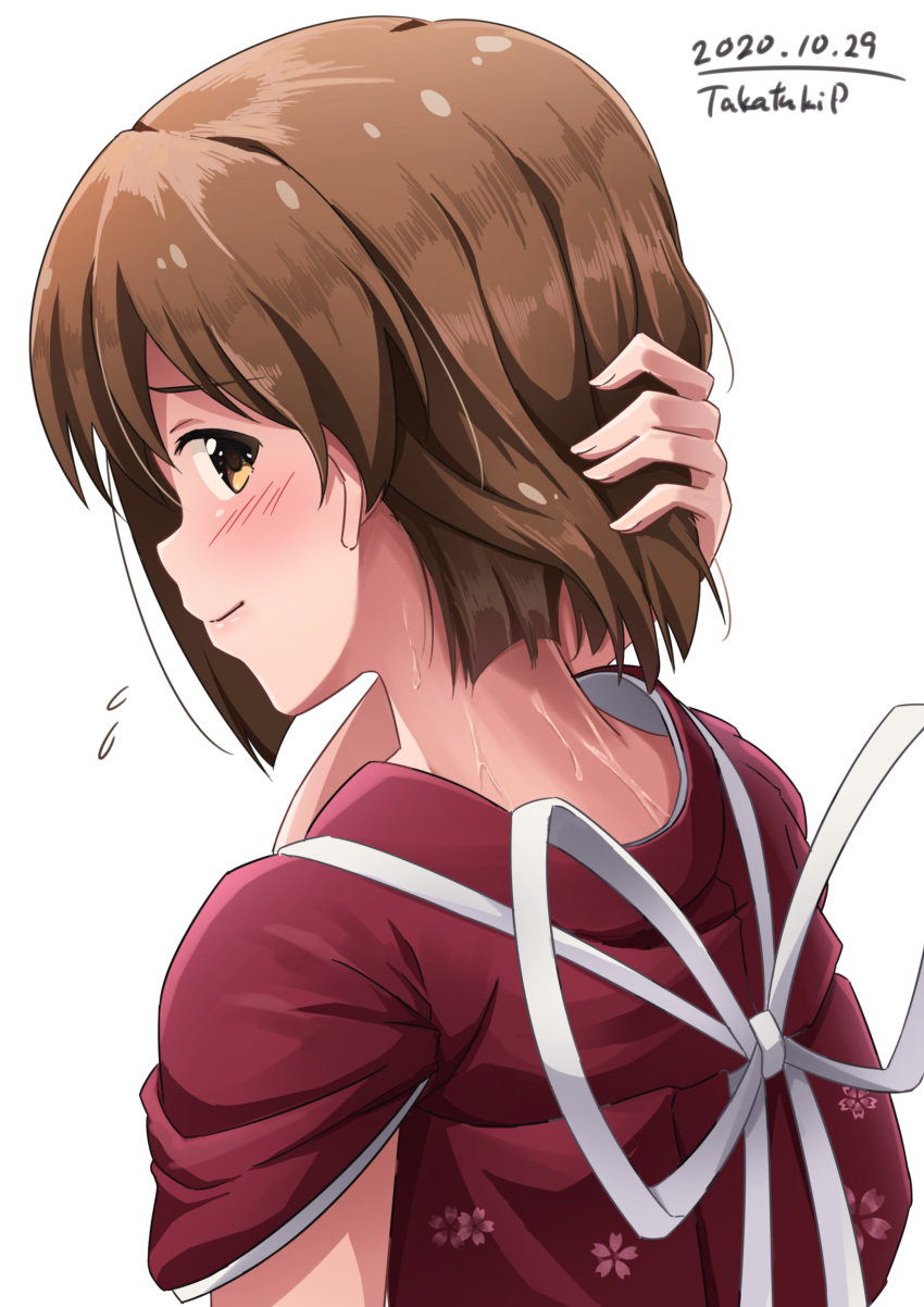1girl absurdres arm_at_side blush brown_hair check_commentary commentary_request dated embarrassed floral_print flying_sweatdrops from_behind hagiwara_yukiho hair_tucking highres idolmaster idolmaster_million_live! idolmaster_million_live!_theater_days japanese_clothes kimono light_smile looking_back nape ribbon short_hair short_sleeves signature sweat takatsuki_p white_background yellow_eyes