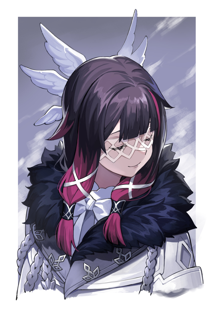 1girl absurdres black_hair closed_eyes closed_mouth clouds coat columbina_(genshin_impact) cropped_torso facing_viewer feathered_wings fur-trimmed_coat fur_trim genshin_impact head_wings highres long_hair multicolored_hair pink_hair sin_(btc86amme) smile solo streaked_hair upper_body white_coat white_wings wings